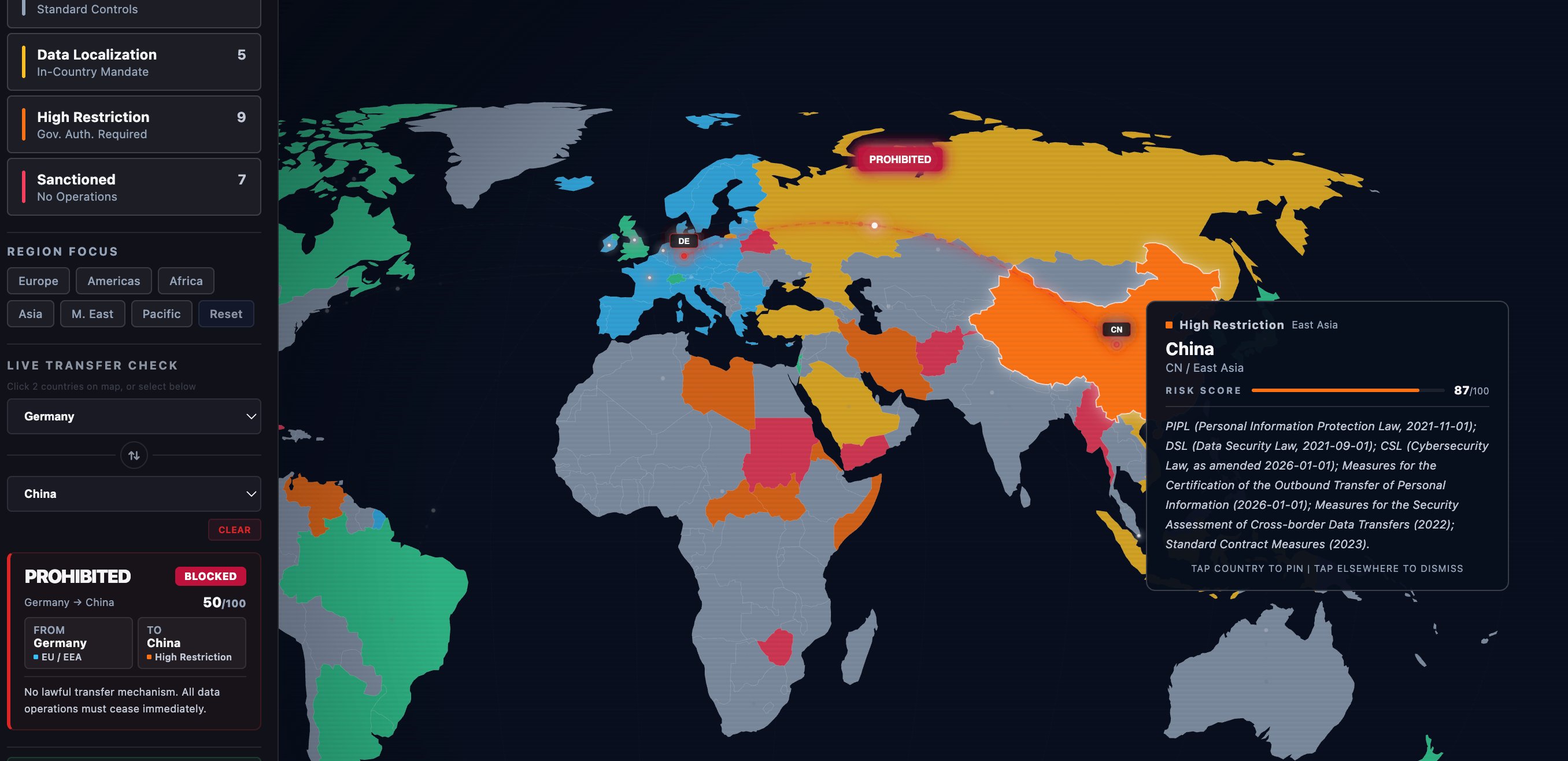 Risk Map: Germany to China data transfer status PROHIBITED. PIPL, DSL, CSL citations rendered live.