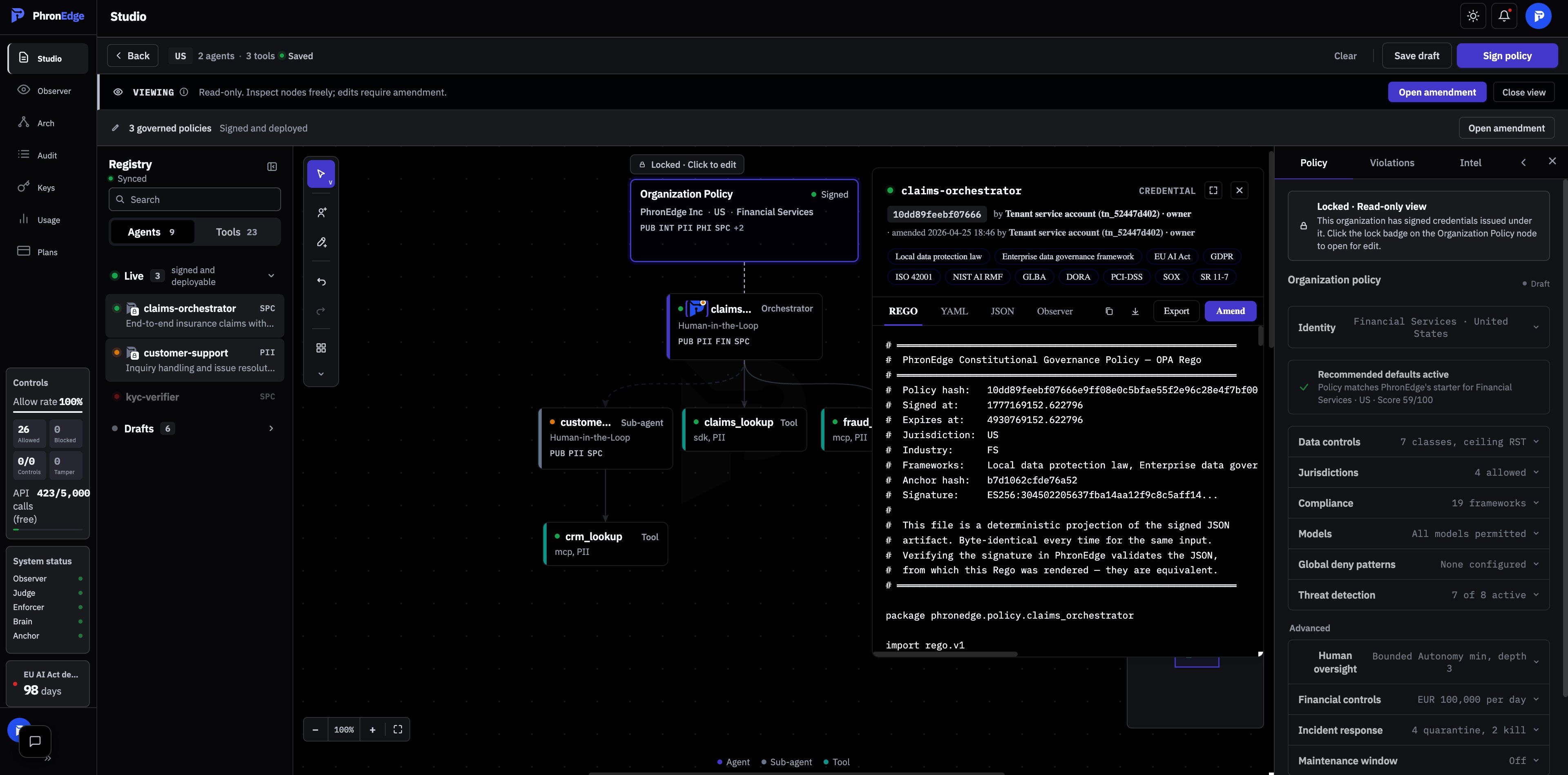 PhronEdge Studio: signed agent canvas with constitutional policy, agent registry, tool registry, and ML-DSA-65 credentials.